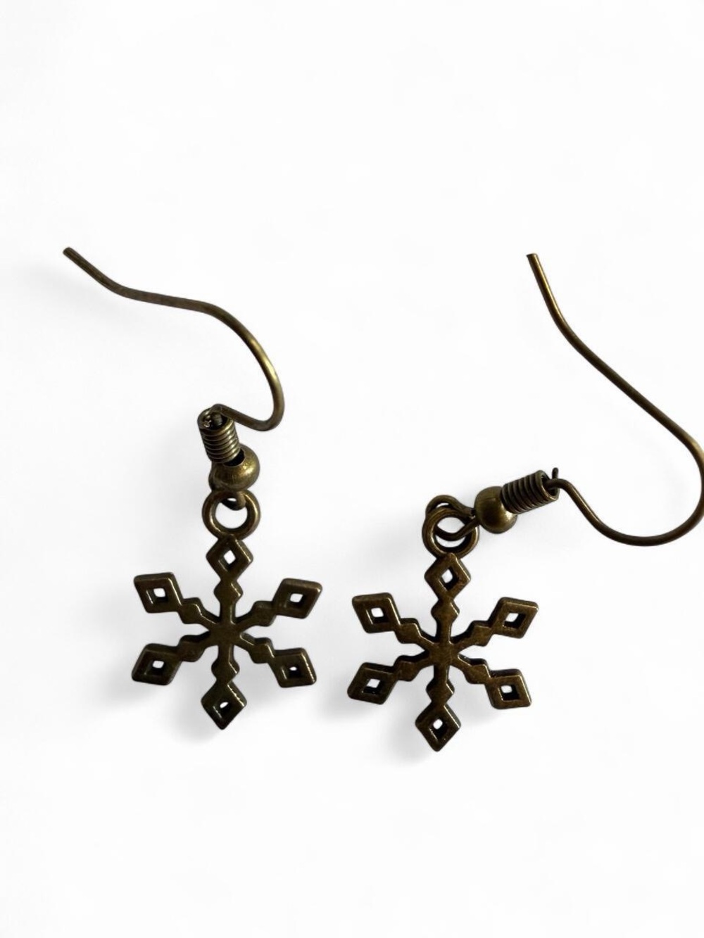 Handmade Bronze Snowflake Earrings Winter Snow Dangles ❄️ - Picture 4 of 7